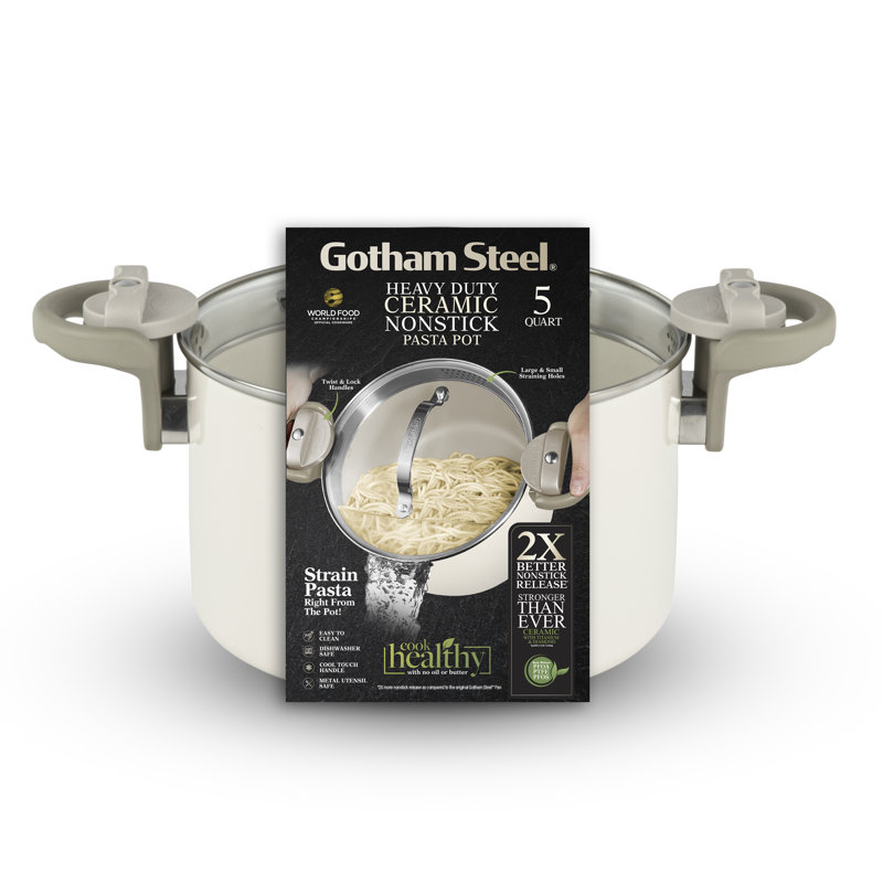 Gotham Steel Stock Multipurpose Pasta Pot with Strainer Lid & Twist and Lock Handles, 5 quarts, Cream