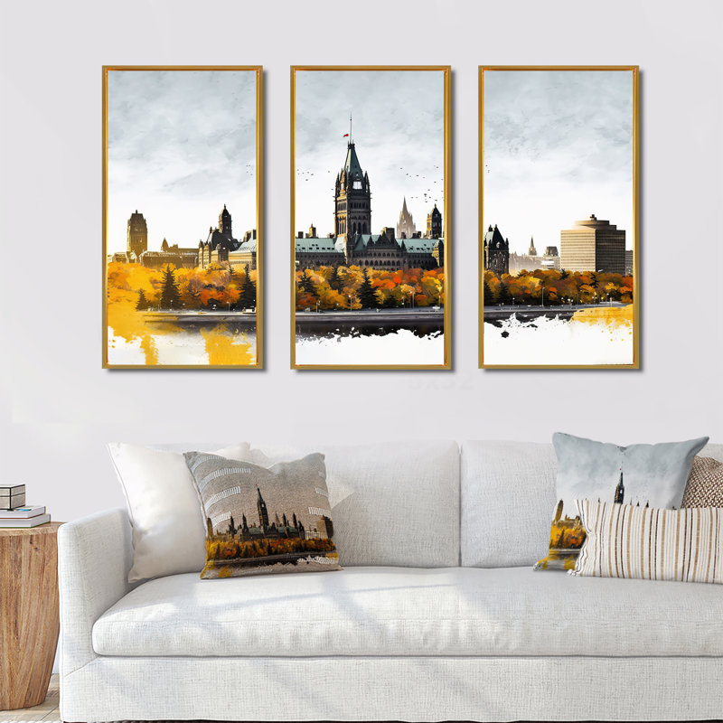 Ottawa in the Fall I - 3 pièces sur toile, H 28 po x l 36 po x P 1 po, Cadre flottant doré
