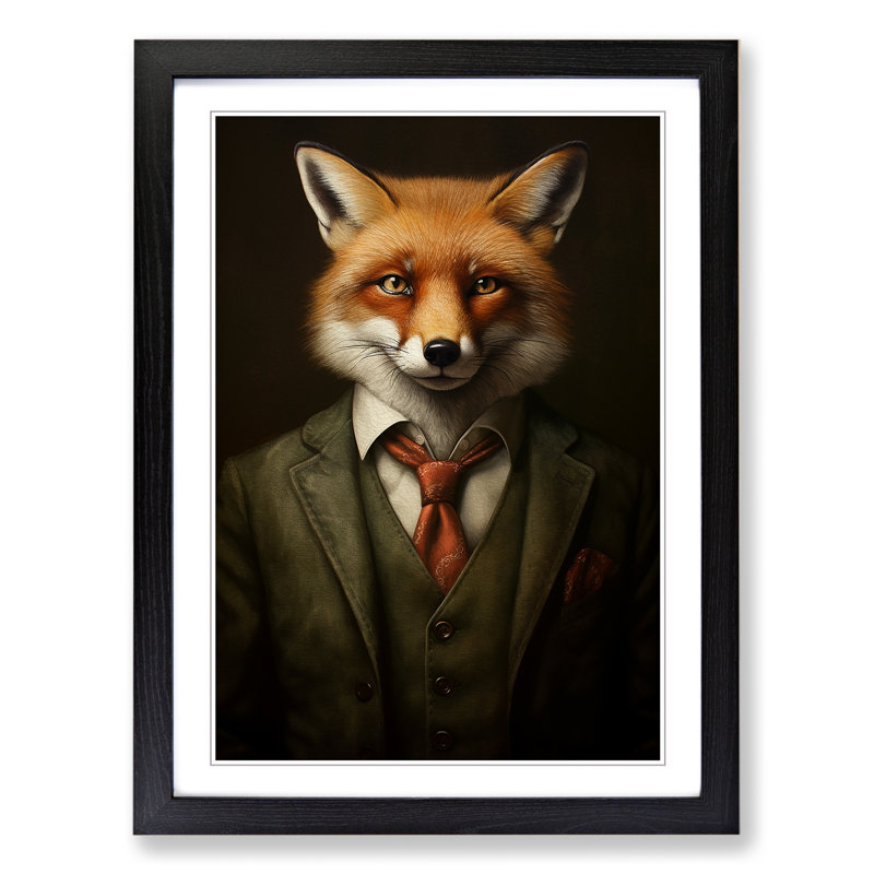 Fox In A Suit Painting No.3 - Single Picture Frame Print on Wood, 34cm H x 25cm W, Black Framed