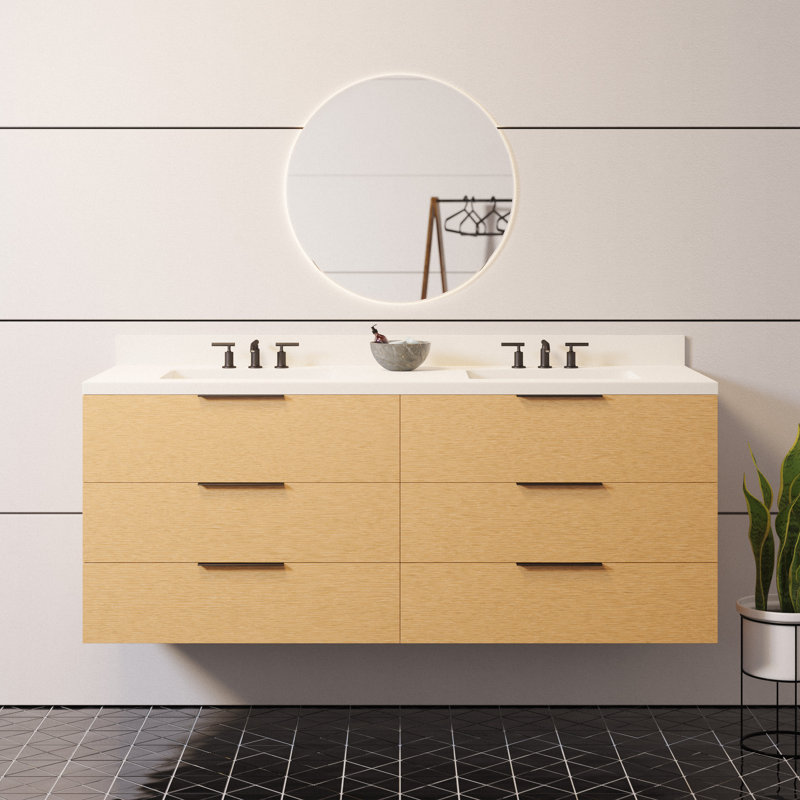 Mitchell 60'' Double Bathroom Vanity with Top, Blonde Brown, Matte White