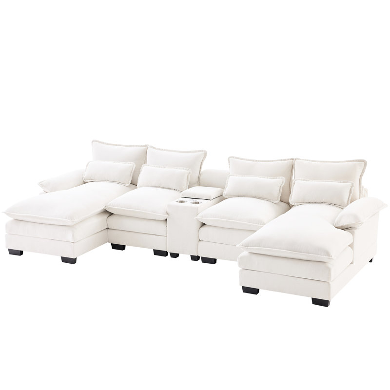 Structure en chenille beige avec console, structure solide, double coussin pour les moments de détente et structure stable en bois et fer