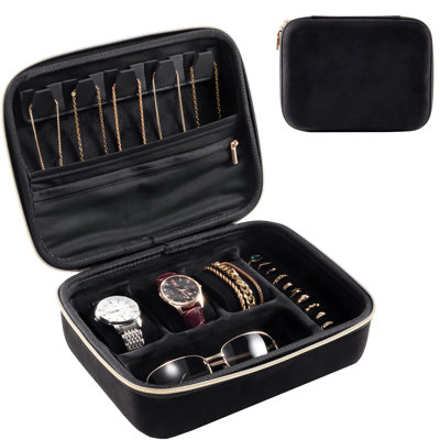 Mens Travel Jewelry Case, 3 Slots Watch Travel Case, Watch Accessories Carrying Case, Glasses Necklaces Rings Bracelets Zippered Organizer Bag