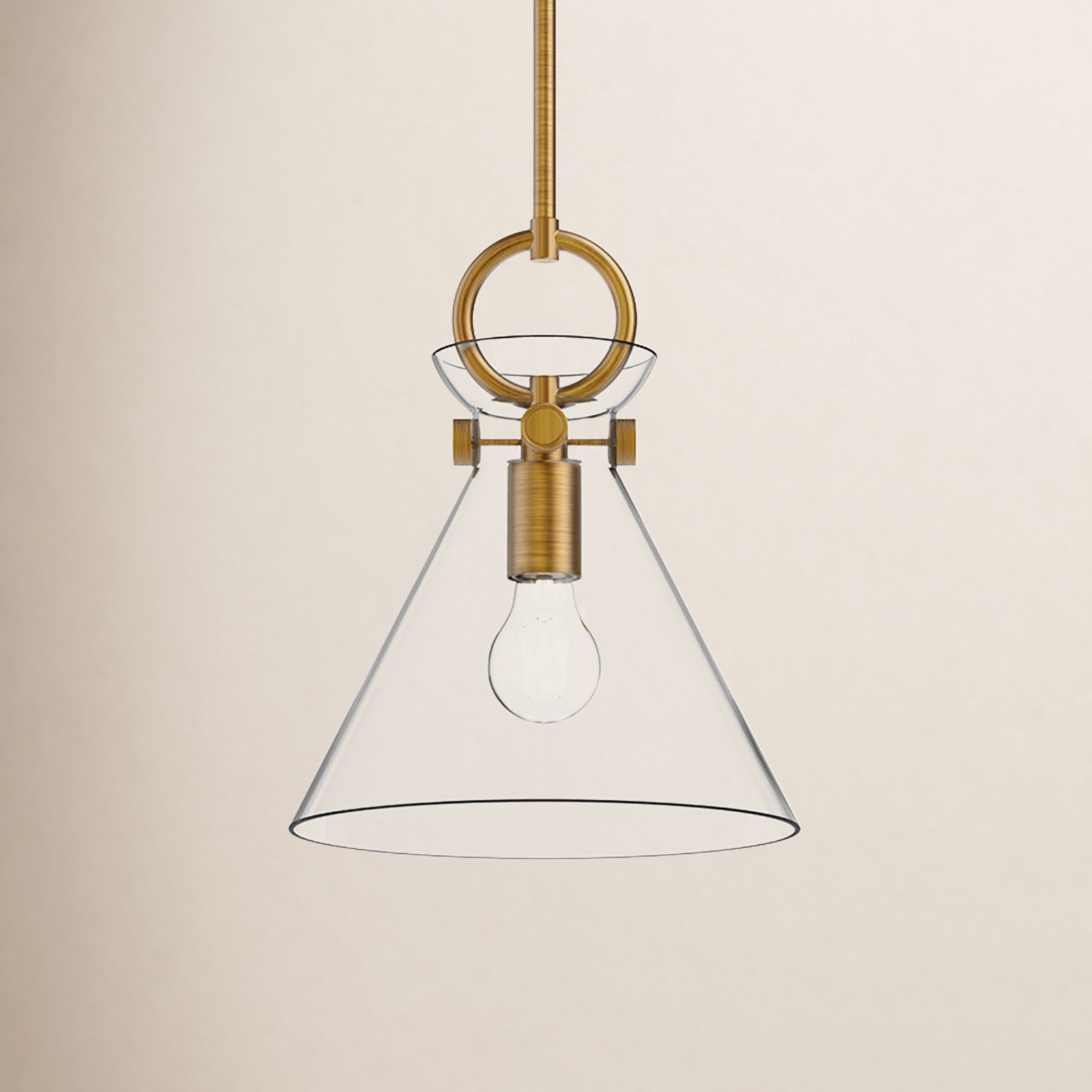 Tiney Single Light Glass Steel Pendant, Aged Gold/Clear, 12.75" H x 10.5" W x 10.5" D