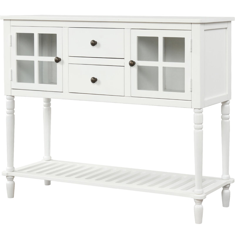 Buffet console avec tablette inférieure en blanc - Meuble de salon spacieux, deux armoires, tiroirs, bois massif et verre trempé pour le blanc, armoire 2 vitrées