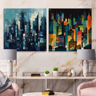 Essence de paysage urbain bleu et vert - ensemble de 2 art mural en verre Art déco