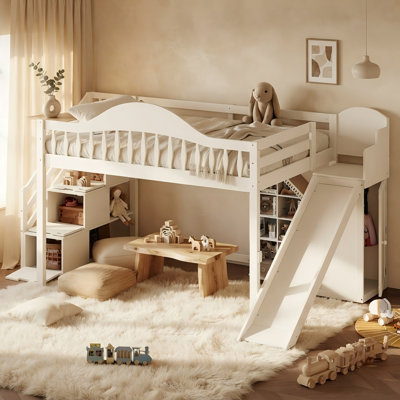 Lit mezzanine en bois massif avec glissade, garde-robe et escalier de rangement, cadre de lit surélevé avec garde-corps haute sécurité