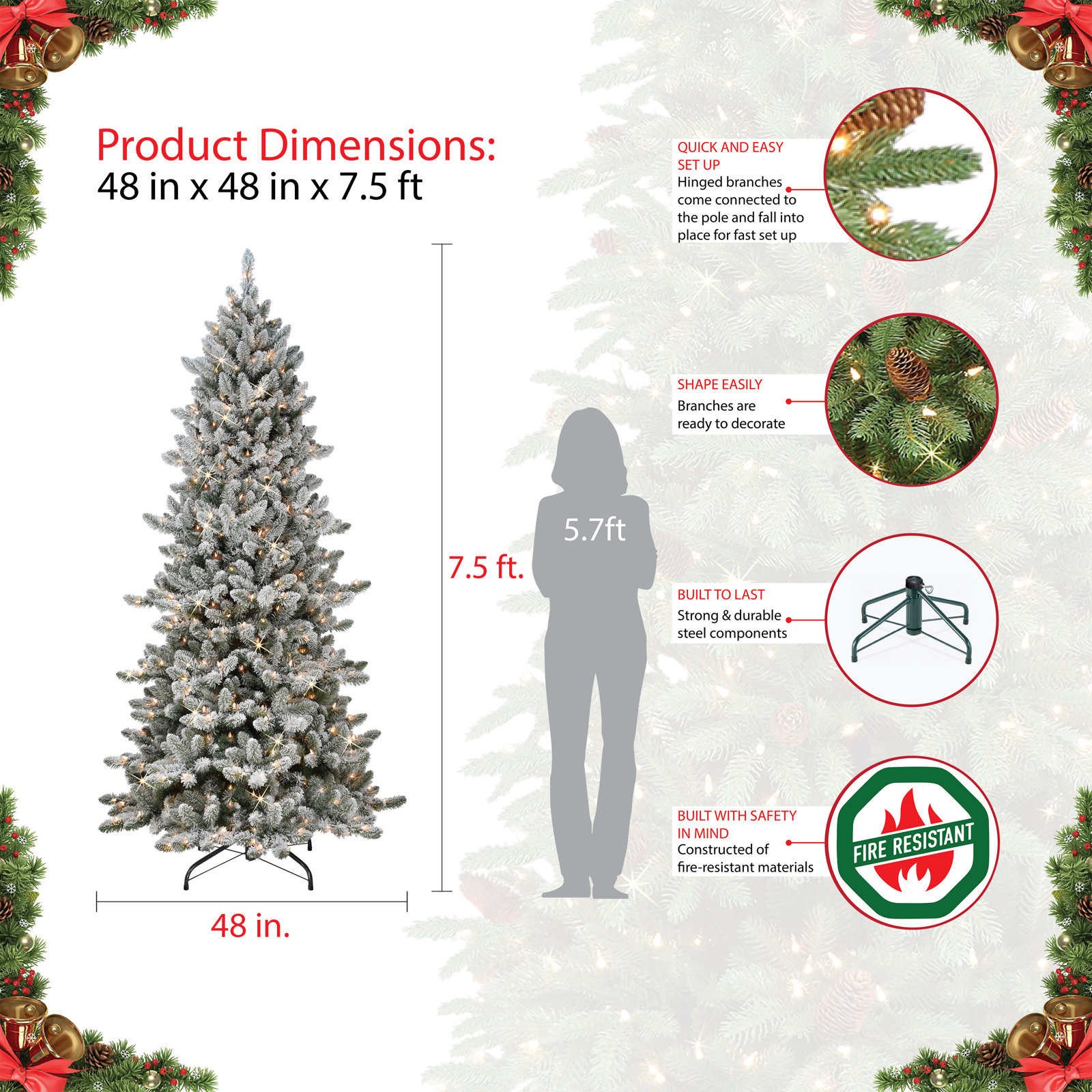 Gwyned Slender 7.5' Pre-Lit Spruce Christmas Tree, 7.5' H
