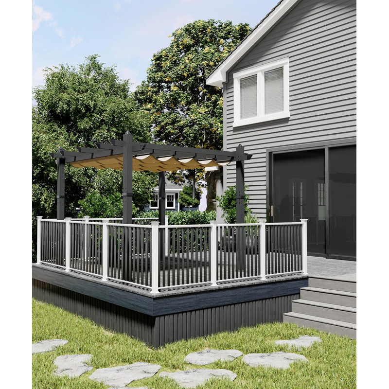 Outdoor Retractable Pergola Aluminium Pergola Canopy with Adjustable Roof, Upgraded Faux Wood Grain Modern Metal Patio Pergola for Deck, Backyard Garden, Porch, Grape Trellis