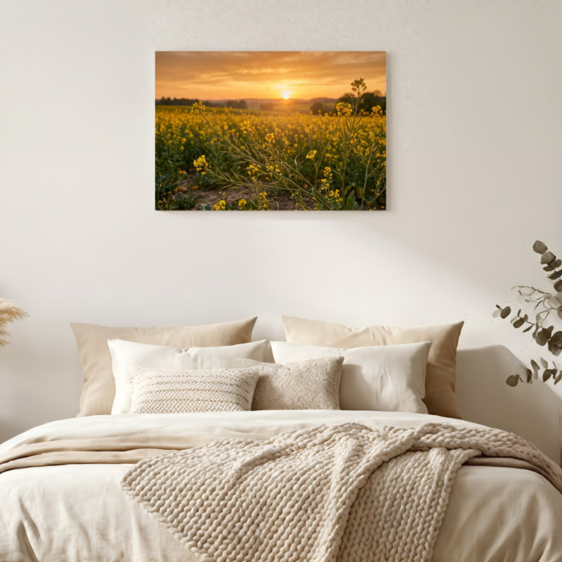 Toile naturelle encadrée en bois naturel pour salon, chambre à coucher, bureau ou vestibule - décoration murale décorative avec fond coucher de soleil