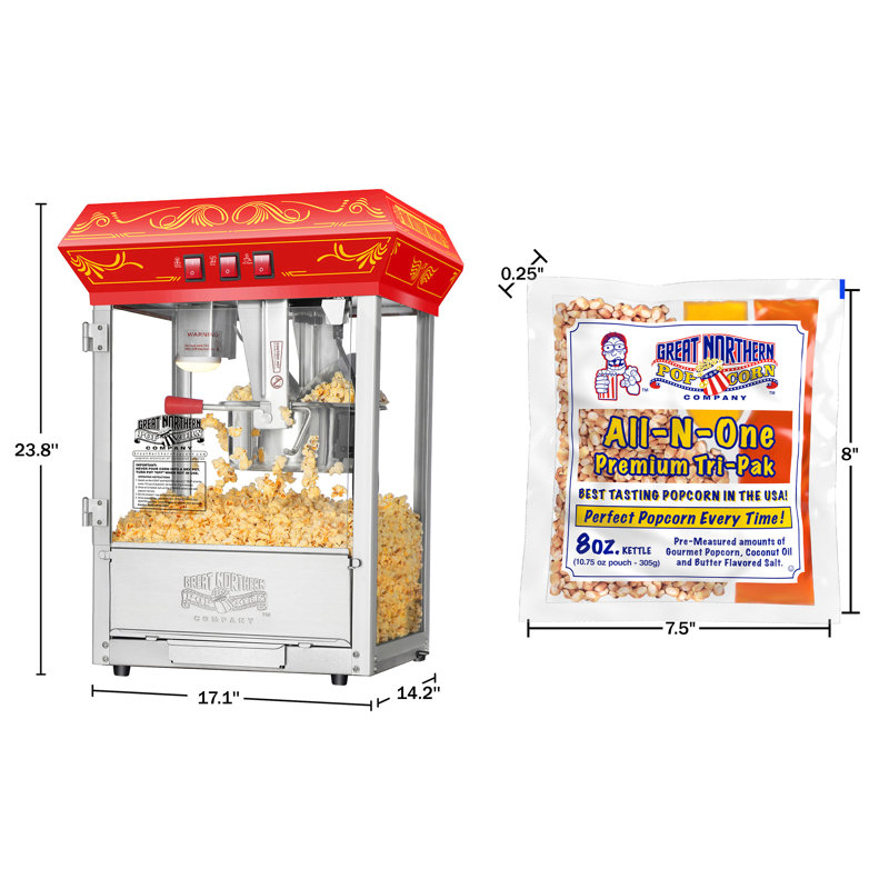 Great Northern Popcorn 8 Oz. Tabletop Popcorn Machine, Popcorn Machine Stand / Cart, Red