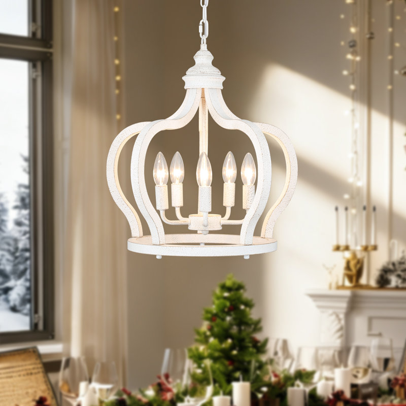 Andelain 5 - Light 17"W Dimmable Candle Style Geometric Chandelier with Distressed Wood Accents, White