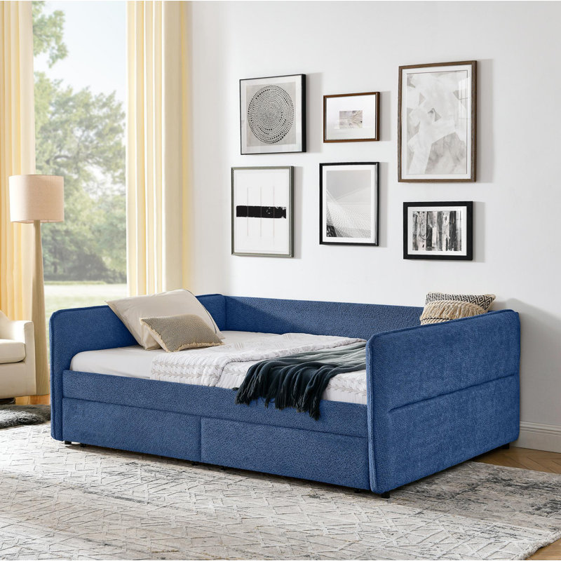 Grand lit de jour avec canapé-lit capitonné à deux tiroirs, tissu Boucle (88 po x 65,5 po x 29,5 po), Bleu