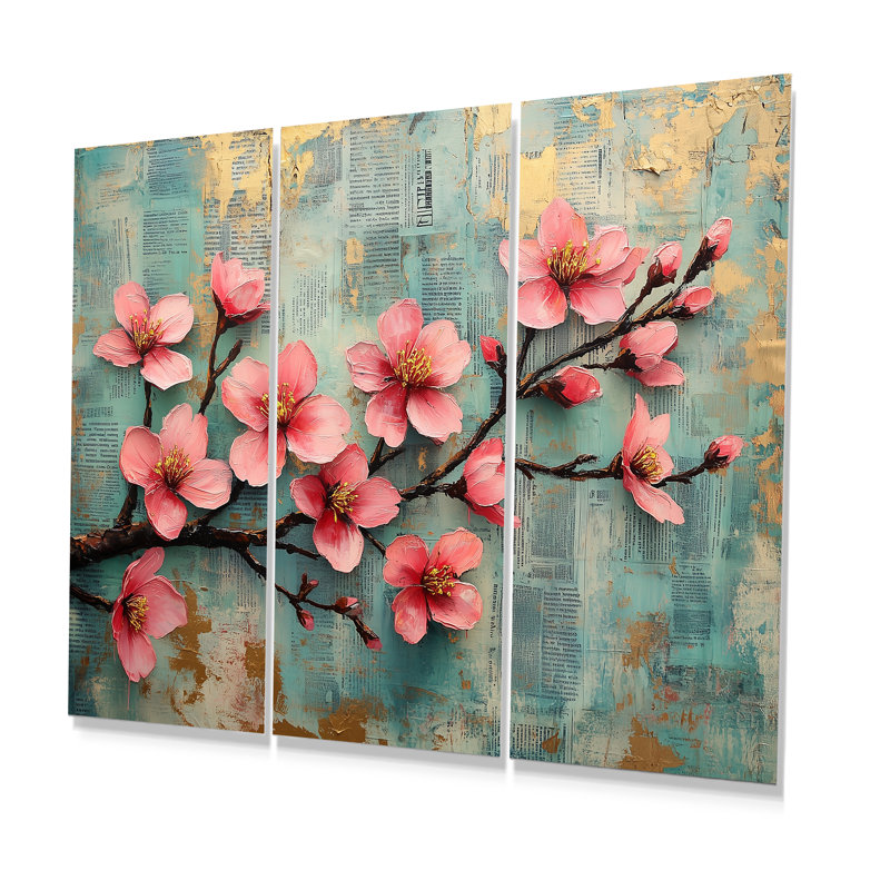 Ensemble de salon art mural cerisier rose et vert, Métal métal, H 28 po x l 36 po x P 1 po