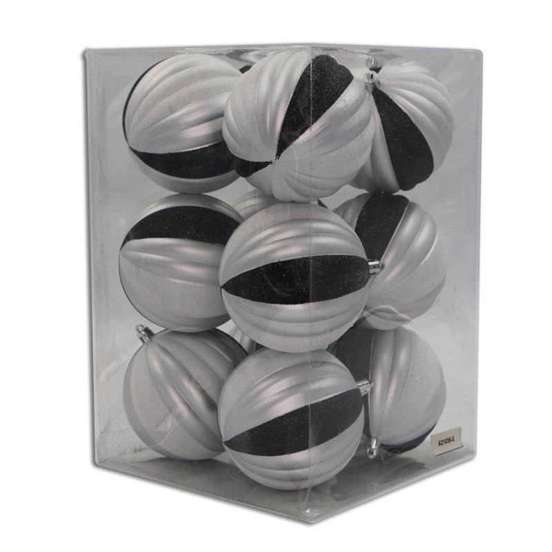 Ensemble de 12 décorations de Noël en forme de boule scintillante arctique, Noir / blanc / argent