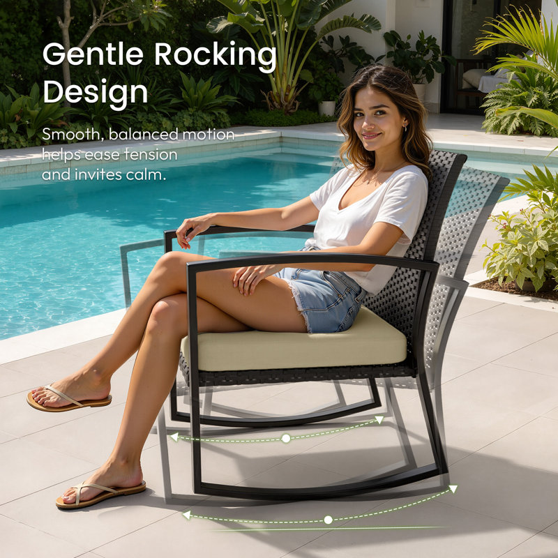 LAWNOOK Rocking Patio Bistro Sets - All-Weather - 3 Piece Rattan Conversation Furniture Set, Wicker Outdoor Front Porch Chair for Balcony, Porch, Garden, Backyard, Poolside,Beige