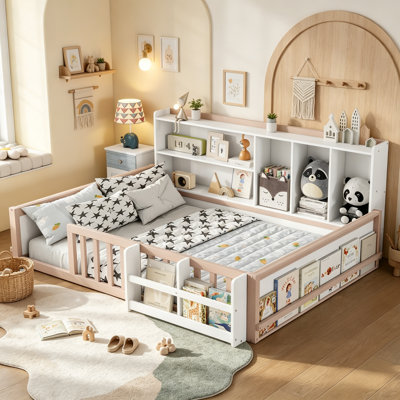 Montessori Floor Bed With Storage Headboard and Safety Guardrails for Boys and Girls, Low Profile Kids Bed & Kids Daybed With Book Storage Compartment for Reading Corner, Full Size, Cream,White