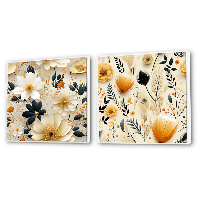 Balsamine - ensemble de 2 collages floraux carrés, Cadre flottant blanc, H 36 po x l 73 po