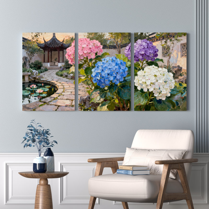 Hydrangea Garden Scene, reproduction d'art sur toile tendue sur toile, ensemble de 3, H 24 po x l 48 po