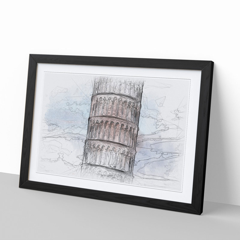 Leaning Tower of Pisa Vol.2 - Picture Frame Drawing, Black Framed, 65cm H x 90cm W x 2cm D