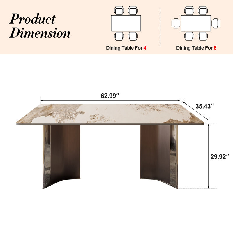 Table de salle à manger moderne en pierre frittée rectangulaire avec pieds en forme de L, pouvant accueillir 6 à 8 personnes