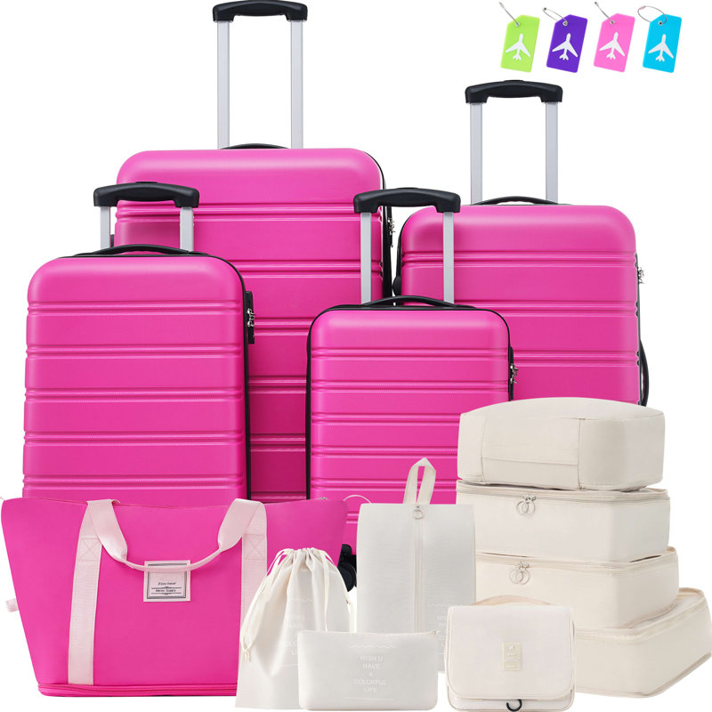 Valise Hardshell 4 pièces + valise à roulettes avec verrou TSA - 16 "+ 20" + 24 "+ 28" bagages, Rose