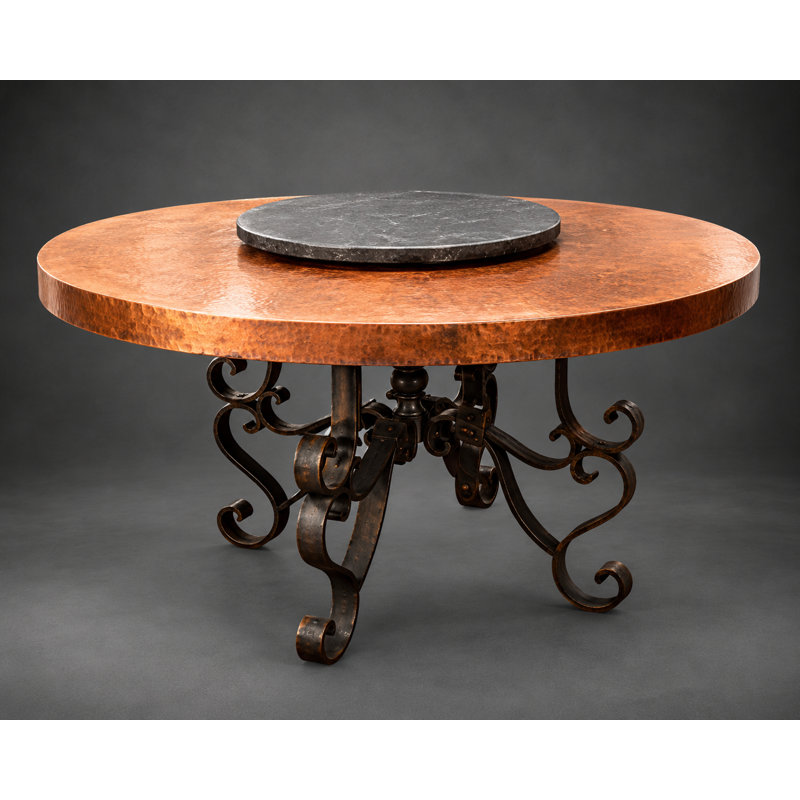 Artisan Hand-Hammered Copper Round Dining Table with Ornate Wrought Iron Pedestal Base | Built in Copper Lazy Susan