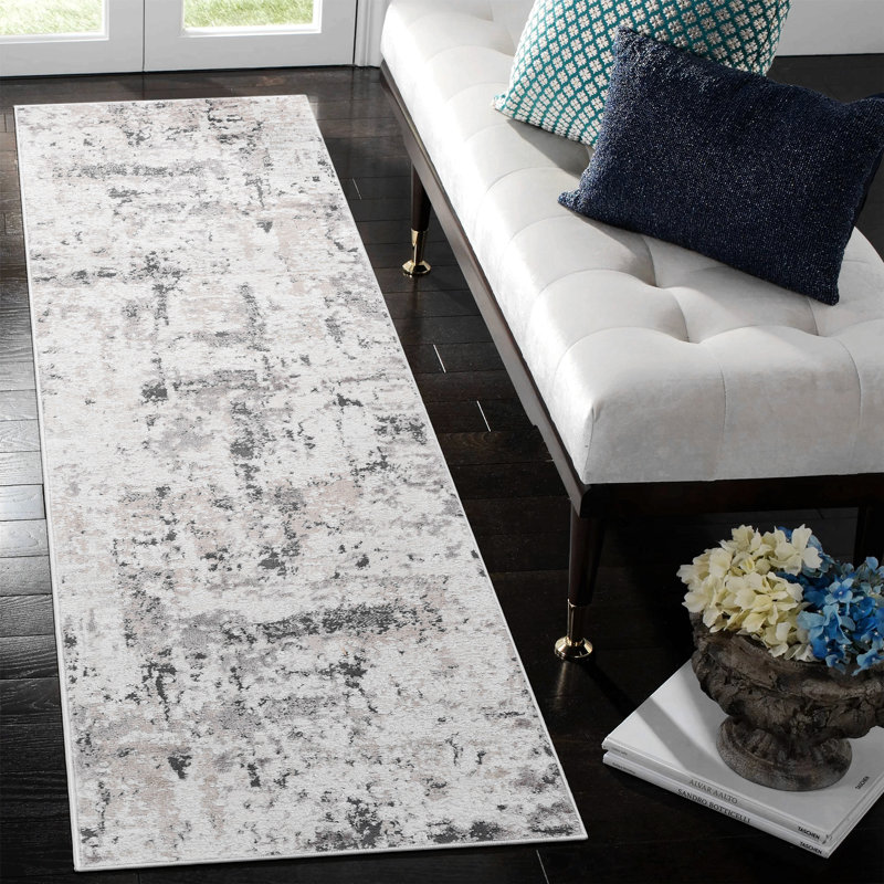 Tapis crème, brun / abstrait, Tapis de couloir 2 pi 2 po x 8 pi