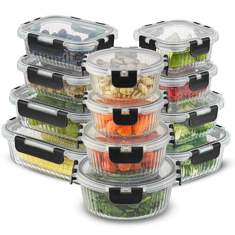 JoyJolt Fluted Glass Food Storage Containers with Leakproof Lids, Set of 12, Black