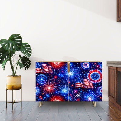 Sideboard Buffet Cabinet with Storage American Flags Vibrant Fireworks Display Red White Blue Festive Night with 2 Doors for Living Room and Kitchen
