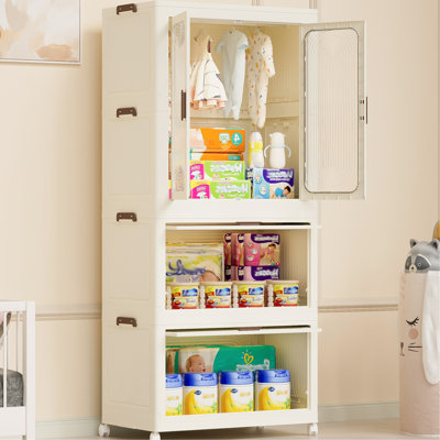 Quick Assembly Portable Dresser With Storage , White Wardrobe, 4 & Hanging Rod, 10Pcs Hangers, For Bedroom Use