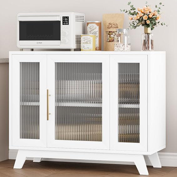 Buffet avec rangement, armoire à café moderne de 36 po avec tablette réglable, table de rangement avec porte en verre cannelé