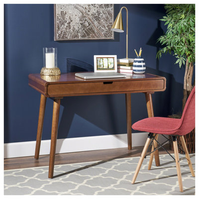 Bureau d'écriture Mid-Century moderne avec grands tiroirs, table d'ordinateur en bois aggloméré brun pour le bureau à domicile