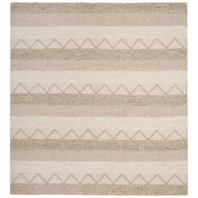 Laine tissée à la main / viscose / coton jacques. Tapis rayé beige