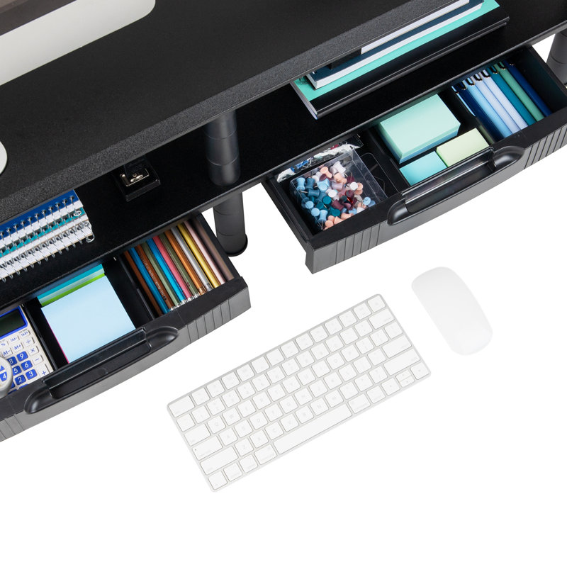 Black Dual Monitor Stand with Storage Shelves and Drawers
