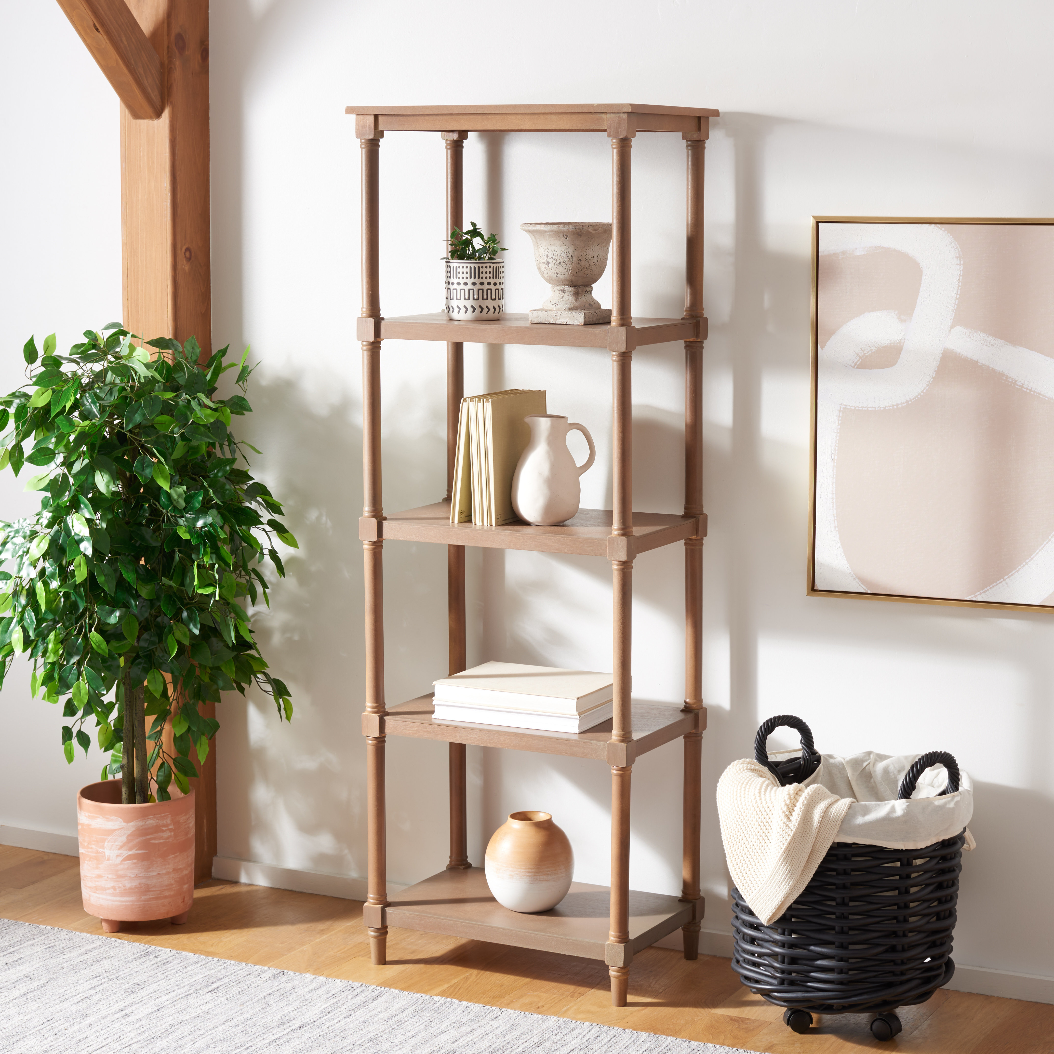 Adella White Wood Distressed Open 5 Shelf Shelving Unit with