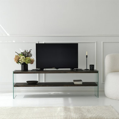 Modern TV Stand with 100% Tempered Glass Top, Solid Wood Frame, 55.1 x 17.7 x 13.8 inches | Stylish Anthracite Color, Industrial Design | Perfect for Living Room & Entertainment Spaces, Easy to Assemble