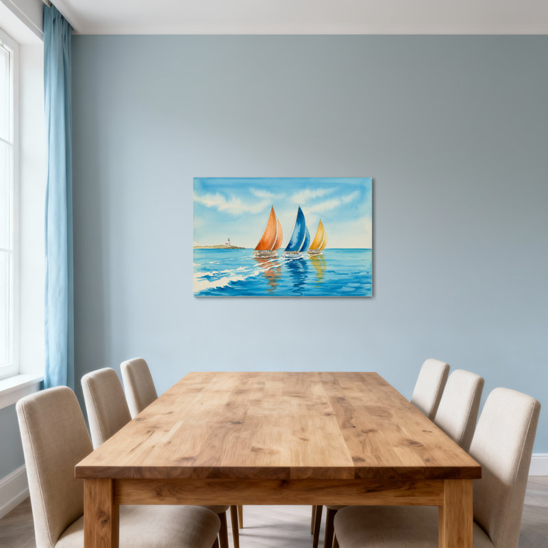Paysage et nature voiliers sur océan calme avec phare, H 32 po x l 48 po