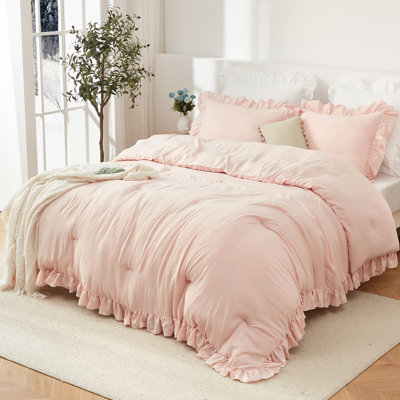 3 Piece Pink Ruffled Comforter Set, Soft Microfiber All Season Bedding, Vintage French Country Style