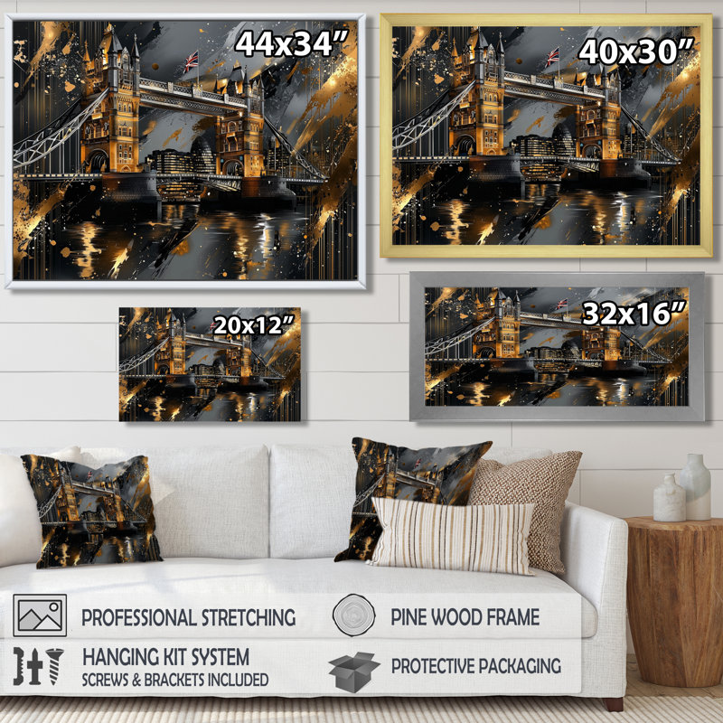 Tower Bridge Lights in Golden Stone - Angleterre, art mural, H 30 po x l 40 po, Impression encadrée flottante, Doré