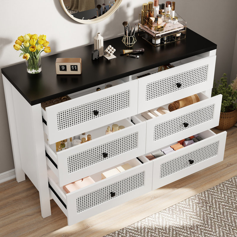 6 Drawer 47" W Wood Modern Double Dresser, Fluted Design Wood Wide Chest