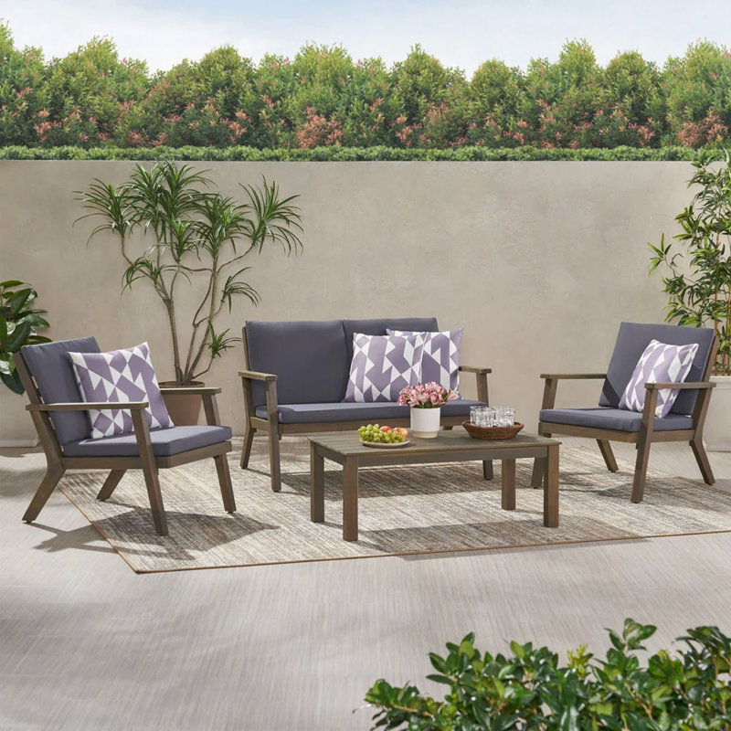 Acacia Wood Patio Set, Water-Resistant Cushions, Slatted Design, Loveseat + 2 Chairs + Table, Gray, Gray