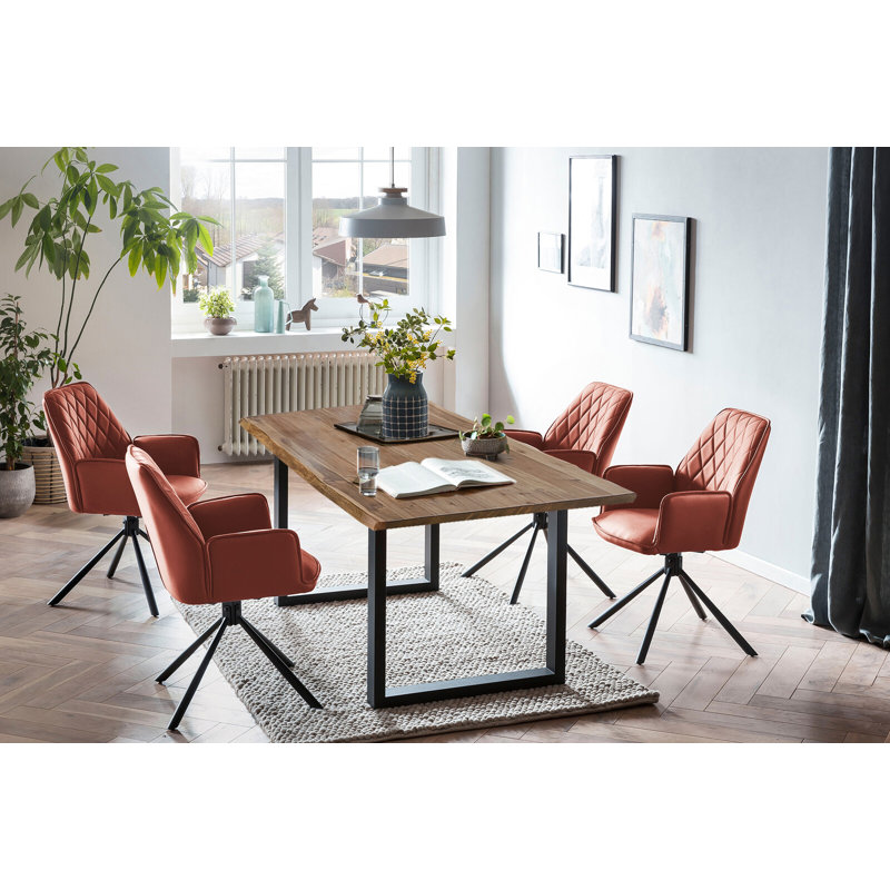 4 - Person Dining Set, Walnut/Cognac/Black, 75cm H x 160cm W x 90cm D, Black/Walnut/Cognac