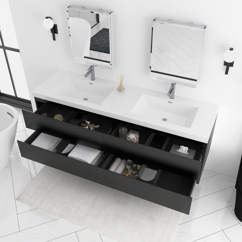 Meuble-lavabo flottant avec lavabo, Noir, noir, noir, noir