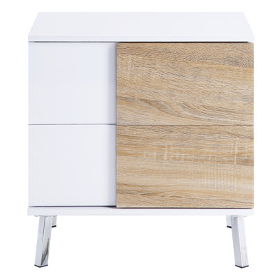 Functional Rectangular End Table With 2 Drawers, White High Gloss And Natural Design Contemporary Organized Drawers