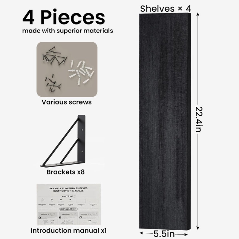 Étagères murales flottantes de 57 cm (noir, ensemble de 4, 57 cm) - Étagère murale rustique en bois, indispensable pour la chambre et la décoration, rangement et rangement optimisant l'espace, étagère suspendue pour salle de bain ou salon