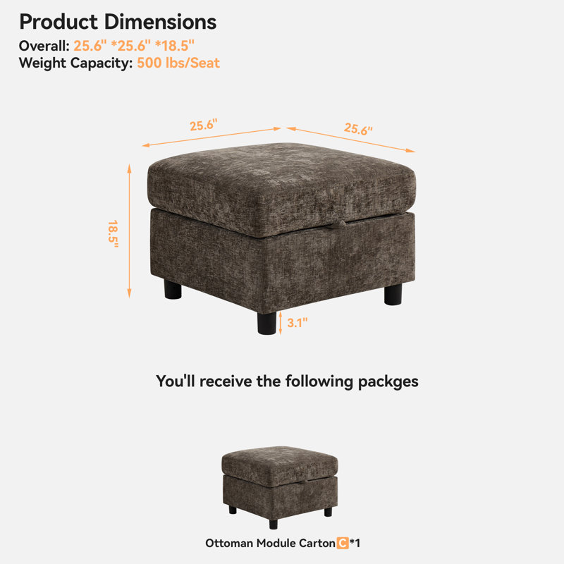 25.6” Wide Square Storage Ottoman Module For Modular Sectional Sofa, Chenille, Brown Chenille