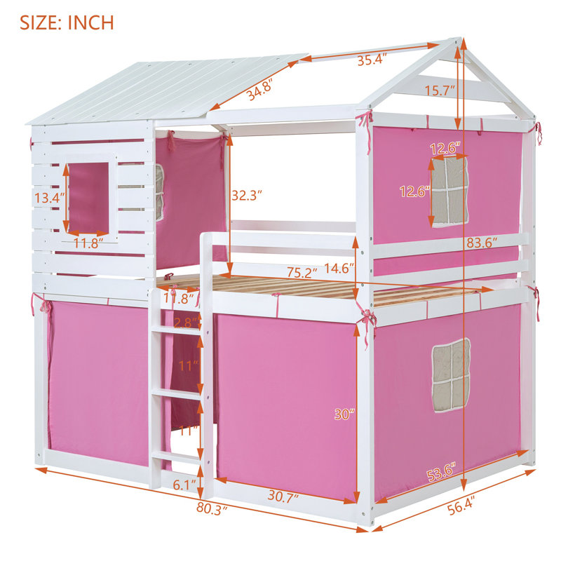 Lit double en bois pleine grandeur avec tente rose et blanche, lit superposé pour maison d'enfant, lit en bois durable peu encombrant