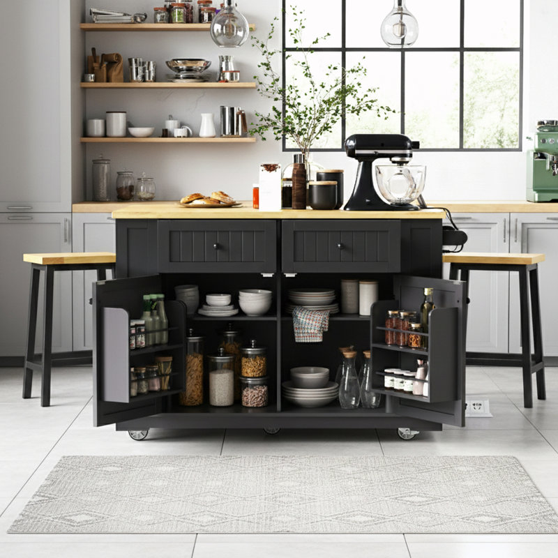 Door Internal Storage Rack Kitchen Island With Bar Stools And Power Outlet, Black