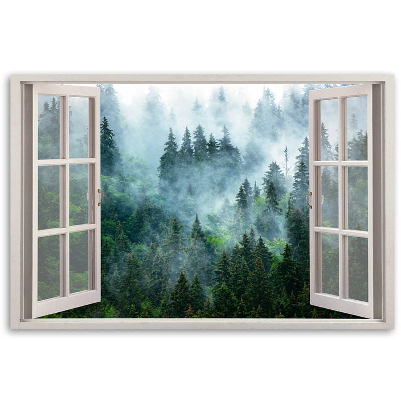 Window View Of A Forest In The Fog - Wrapped Canvas Print