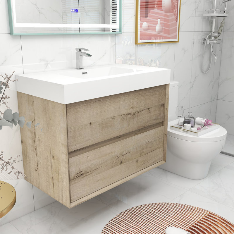 35.4'' Single Bathroom Vanity with Acrylic Top, Light Oak
